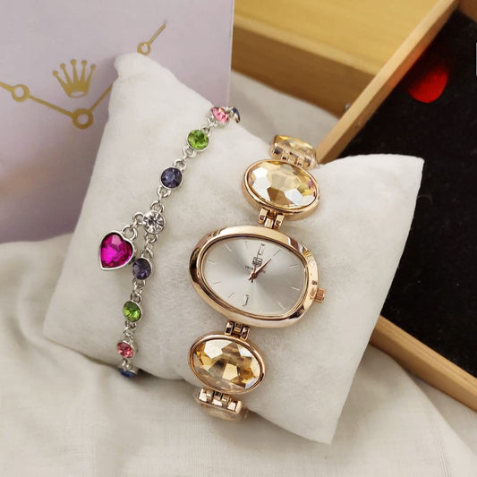 Rose Gold Women’s Designer Watch +Gemstone Bracelet With Box