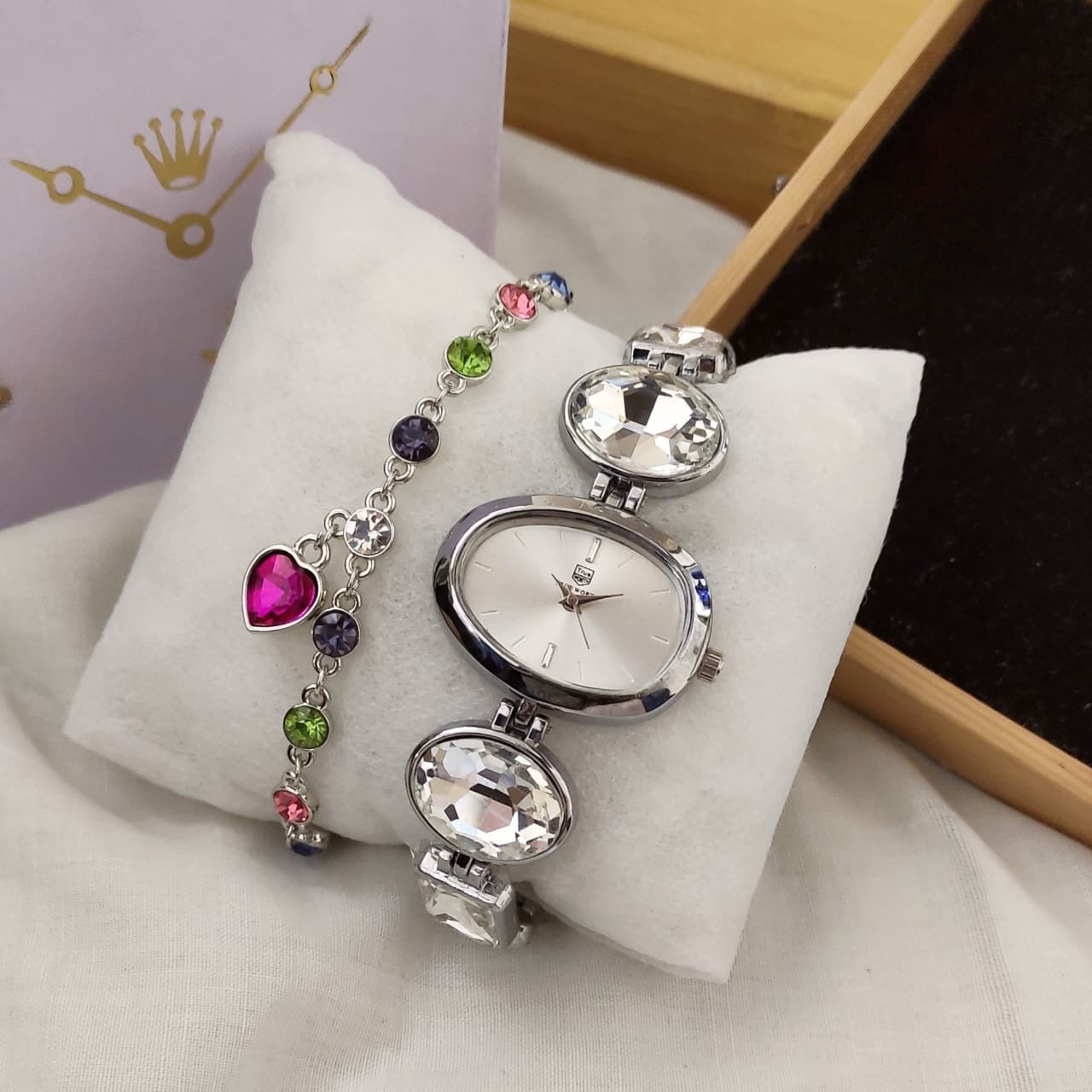 Silver Women’s Designer Watch+ Gemstone Bracelet With Box